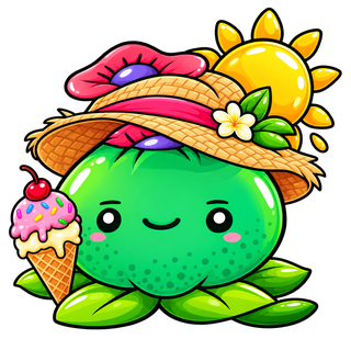 La mascota de Avalon Magic Plants, una figura verde con sombrero de paja